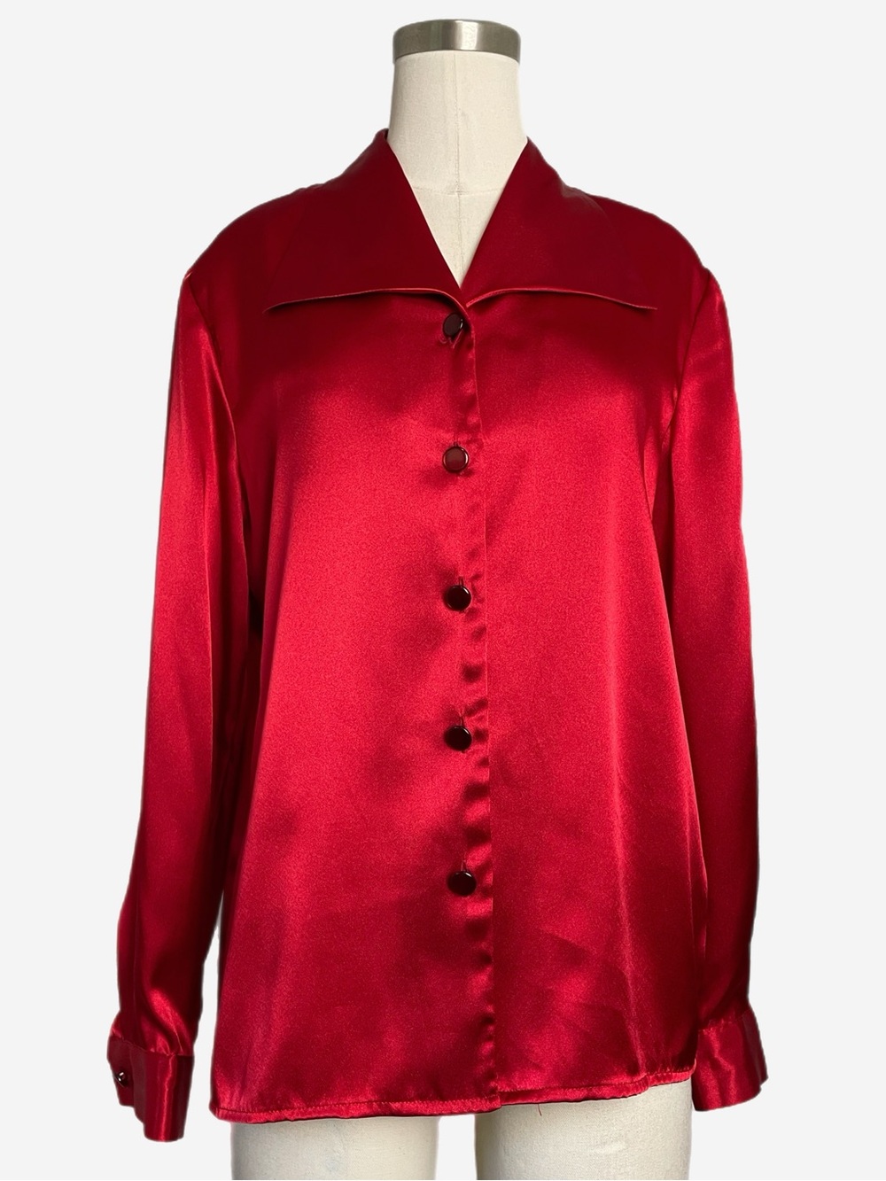 Vintage Joan Leslie holiday red satin oversized collared button down blouse S/M